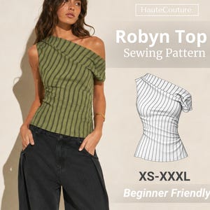 May include: The Robyn Top sewing pattern features an olive green one-shoulder top with vertical dark stripes. The image includes a technical line drawing of the top, the text HauteCouture, Robyn Top Sewing Pattern, XS-XXXL, and Beginner Friendly.