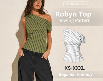 May include: The Robyn Top sewing pattern features an olive green one-shoulder top with vertical dark stripes. The image includes a technical line drawing of the top, the text HauteCouture, Robyn Top Sewing Pattern, XS-XXXL, and Beginner Friendly.