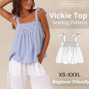 Könnte beinhalten: Ein blau-weiß gestreiftes Oberteil mit gesmoktem Oberteil und Schulterbändern zum Binden. Der Text lautet HauteCouture. Vickie Top Sewing Pattern XS-XXXL Beginner Friendly. Eine weiße Strichzeichnung des Oberteils zeigt die Designdetails.