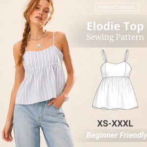 Può includere: Un cartamodello per il top Elodie, caratterizzato da una canotta a righe bianche e blu con spalline sottili e vita arricciata. L'immagine include un disegno tecnico del top, il testo HauteCouture, Elodie Top Sewing Pattern e XS-XXXL.