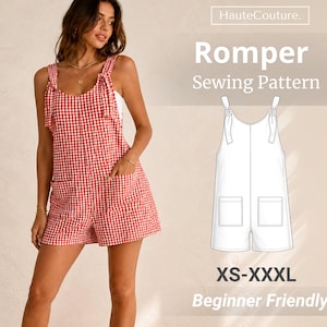 May include: A red and white gingham romper with adjustable straps and pockets. The image also features a sewing pattern for a romper, with the text "Romper Sewing Pattern" and "XS-XXXL Beginner Friendly".