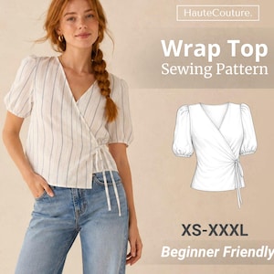 Könnte beinhalten: Ein weißes Wickeloberteil mit dünnen blauen vertikalen Streifen, kurzen Puffärmeln und einer seitlichen Bindung. Das Bild enthält den Text HauteCouture. Wrap Top Sewing Pattern XS-XXXL Beginner Friendly sowie eine technische Strichzeichnung.