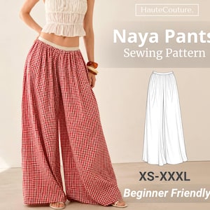 Patrón de pantalones de pierna ancha con cintura elástica para mujer (XS-XXXL), patrón de pantalones de verano, pantalones de mujer, pantalones fáciles con cintura elástica