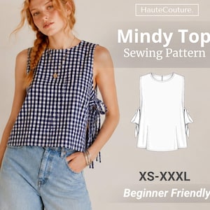 May include: A sleeveless top with a navy and white gingham pattern, featuring side ties and a round neckline. The image includes a technical line drawing of the garment, labeled HauteCouture. Mindy Top Sewing Pattern, sizes XS-XXXL.