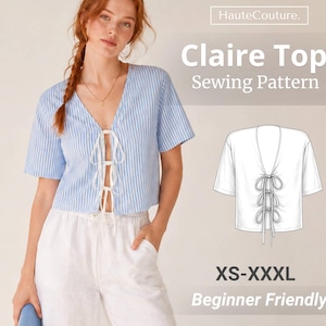 Pode incluir: Uma blusa de riscas verticais azul-claro e branco com mangas curtas e um decote em V profundo com três laços brancos na frente. A imagem inclui o texto HauteCouture. Claire Top Sewing Pattern XS-XXXL Beginner Friendly.