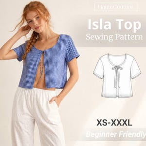 May include: A blue and white gingham Isla Top sewing pattern featuring a short-sleeved, open-front design with a tie closure at the neckline. The graphic includes a technical line drawing of the garment and the text HauteCouture, Isla Top, XS-XXXL.