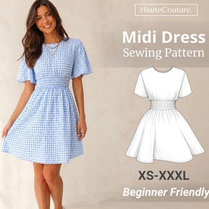 May include: A blue and white gingham midi dress with short flutter sleeves and a smocked waist. The image includes a technical line drawing of the dress, the text HauteCouture, Midi Dress Sewing Pattern, XS-XXXL, and Beginner Friendly.