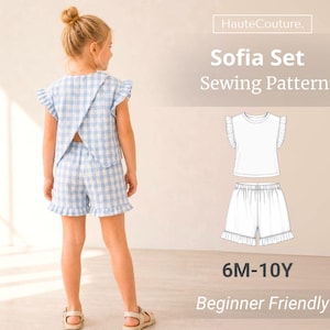 May include: A light blue and white gingham check top and shorts set with ruffled sleeves and hem. The text reads HauteCouture. Sofia Set Sewing Pattern 6M-10Y Beginner Friendly. The top features a back opening and the shorts have an elastic waist.