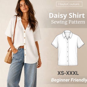 Molde para Camisa Daisy Feminina (Tamanhos XS-XXXL), Molde para Camisa de Verão, Molde para Costura Feminina, Camisa com Botões