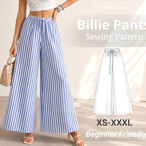 May include: Blue and white vertical striped wide-leg trousers with an elastic drawstring waistband. The image includes a technical line drawing of the trousers, the text "HauteCouture. Billie Pants Sewing Pattern", and the size range "XS-XXXL".