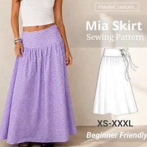 Peut inclure: Une jupe longue à carreaux vichy violets et blancs avec une large ceinture. L'image contient le texte HauteCouture, Mia Skirt Sewing Pattern, XS-XXXL, Beginner Friendly, ainsi qu'un dessin technique de la jupe avec des liens latéraux.