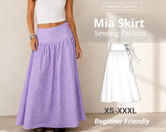 May include: A floor-length purple and white gingham skirt with a wide waistband. The image includes the text HauteCouture, Mia Skirt Sewing Pattern, XS-XXXL, and Beginner Friendly, alongside a technical line drawing of the skirt with side ties.