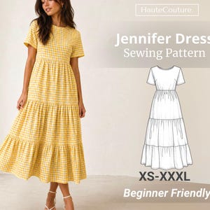 Könnte beinhalten: Ein gelb-weiß kariertes Kleid mit kurzen Ärmeln und einem Stufenrock. Das Bild enthält auch eine Schnittmusterillustration des Kleides mit dem Text "Jennifer Dress Sewing Pattern" und "XS-XXXL Beginner Friendly."