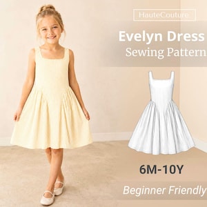 Puede incluir: Una niña con un vestido a rayas amarillas y blancas con cuello cuadrado. La imagen muestra el patrón de costura "Evelyn Dress", apto para principiantes. El patrón es para tallas de 6 meses a 10 años.