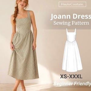 May include: A midi-length dress with a square neckline and a green and white gingham pattern. The image includes the text HauteCouture, Joann Dress Sewing Pattern, and XS-XXXL, alongside a technical line drawing of the dress design.