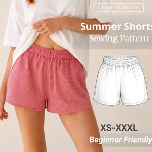 May include: Red and white gingham shorts with an elastic waistband, worn with a white t-shirt. The image features text reading HauteCouture, Summer Shorts Sewing Pattern, XS-XXXL, and Beginner Friendly, plus a white line drawing of the shorts.