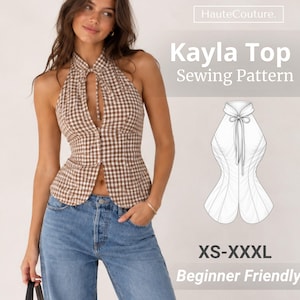 Könnte beinhalten: Ein braun-weißes Gingham-Neckholder-Top mit hohem Kragen, Bindeband am Ausschnitt und Knopfleiste vorne. Das Bild zeigt das Kayla Top Schnittmuster mit den Texten HauteCouture, Kayla Top Sewing Pattern, XS-XXXL und Beginner Friendly.