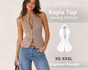 May include: A brown and white gingham halter top with a high collar, front tie closure, and button-down front. The image displays the Kayla Top Sewing Pattern with text labels HauteCouture, Kayla Top Sewing Pattern, XS-XXXL, and Beginner Friendly.