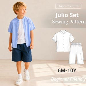 May include: A sewing pattern for the Julio Set, featuring a short-sleeved button-down shirt with a mandarin collar and cargo-style shorts. The design includes a technical line drawing of the garments, labeled for sizes 6M-10Y, by HauteCouture.