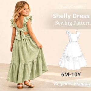 May include: A girl in a light green dress with a bow at the back and ruffled sleeves. The dress has a tiered skirt. The image includes a sewing pattern for the "Shelly Dress" for sizes 6 months to 10 years, described as "Beginner Friendly."