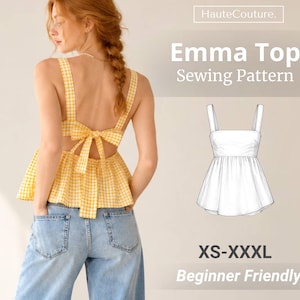 May include: A yellow and white gingham print top with a square neckline, wide shoulder straps, and a tie-back closure. The image includes a technical line drawing of the garment, the text HauteCouture, Emma Top Sewing Pattern, and XS-XXXL.