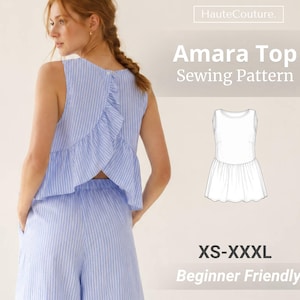 May include: A light blue and white striped sleeveless top with a back ruffle detail, paired with matching striped trousers. The image includes the text HauteCouture. Amara Top Sewing Pattern XS-XXXL Beginner Friendly and a white line drawing of the top.
