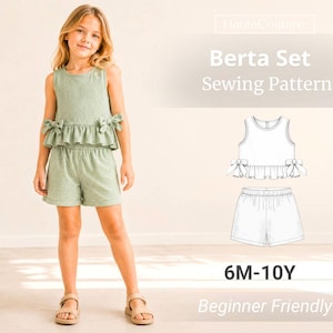 Berta Schnittmuster-Set (6 Monate-10 Jahre), Oberteil-Schnittmuster für Mädchen, Shorts-Schnittmuster für Kinder, Kinderschnittmuster, Anfänger-Schnittmuster, Schnittmuster für Kleinkinder