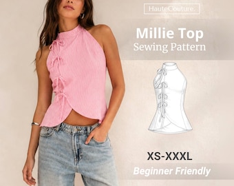 Patrón de costura Millie Top para mujer (XS-XXXL), patrón de top de verano, patrón de costura para mujer, patrón de blusa, top halter, patrón de chaleco.
