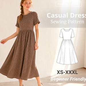 Könnte beinhalten: Ein braunes Midikleid mit weißem Punktemuster, kurzen Ärmeln und geraffter Taille. Das Bild enthält den Text "Casual Dress Sewing Pattern", "XS-XXXL" und "Beginner Friendly" sowie eine schwarz-weiße Strichzeichnung des Kleides.