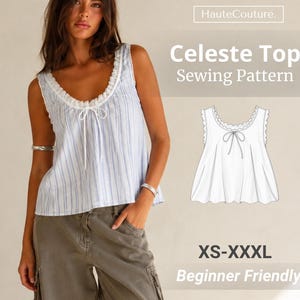 Può includere: Un top senza maniche con motivo a righe verticali blu e bianche, scollo rotondo con bordo in pizzo e chiusura con laccetti frontali. L'immagine include il testo HauteCouture. Celeste Top Sewing Pattern XS-XXXL Beginner Friendly.