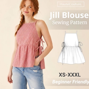 Puede incluir: Una blusa de cuadros vichy rojos y blancos con escote cuadrado y lazos laterales, mostrada en una persona y como dibujo técnico. El texto dice HauteCouture. Jill Blouse Sewing Pattern XS-XXXL Beginner Friendly.