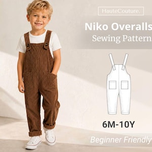May include: Brown corduroy dungarees with two front pockets, shoulder straps with buttons, and a white t-shirt. The text reads HauteCouture, Niko Overalls Sewing Pattern, 6M-10Y, and Beginner Friendly, with a white line drawing of the dungarees.