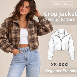 May include: A brown and tan plaid crop jacket with a zipper front, long sleeves, and a collar. The image includes text reading HauteCouture, Crop Jacket Sewing Pattern, XS-XXXL, and Beginner Friendly, alongside a white line drawing of the jacket.