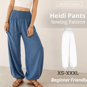 May include: Blue pants with a high-waisted smocked waistband and loose, tapered legs with gathered cuffs. The image includes text reading HauteCouture. Heidi Pants Sewing Pattern XS-XXXL Beginner Friendly and a white line drawing of the pants.