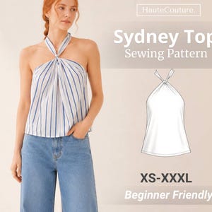 Può includere: Un top all'americana bianco con righe verticali blu e scollo annodato. L'immagine include il testo HauteCouture, Sydney Top Sewing Pattern, XS-XXXL, Beginner Friendly, insieme a un disegno al tratto bianco del modello del top.