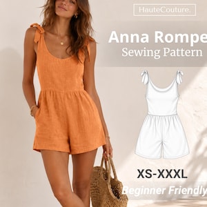 Könnte beinhalten: Ein orangefarbener Romper mit Bindeträgern und Rundhalsausschnitt, dargestellt neben einer technischen Strichzeichnung des Kleidungsstücks. Der Text lautet HauteCouture, Anna Romper Sewing Pattern, XS-XXXL und Beginner Friendly.