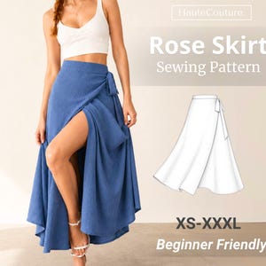 Pode incluir: Uma saia envelope azul com uma fenda lateral alta, combinada com uma regata branca. A imagem inclui o texto HauteCouture, Rose Skirt Sewing Pattern, XS-XXXL, Beginner Friendly e um desenho de linha branca do design da saia.