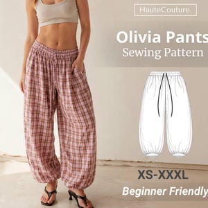 Puede incluir: Patrón de costura para pantalones Olivia con diseño de cuadros en tonos rosa, blanco y marrón. Los pantalones tienen cintura elástica con cordón y puños en los tobillos. El gráfico incluye el texto HauteCouture, Olivia Pants Sewing Pattern, XS-XXXL y Beginner Friendly.