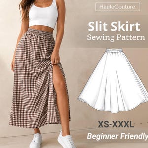 May include: A woman wearing a brown and white checkered slit skirt with a high slit, paired with a white crop top and sneakers. The image also shows a sewing pattern for a slit skirt, with the text "Slit Skirt Sewing Pattern" and "XS-XXXL Beginner Friendly."