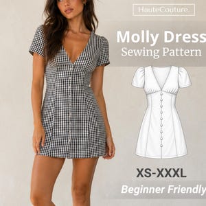 Könnte beinhalten: Ein schwarz-weiß kariertes Kleid mit kurzen Ärmeln, V-Ausschnitt und einer Knopfleiste vorne. Das Bild enthält eine technische Strichzeichnung des Kleides sowie den Text "HauteCouture. Molly Dress Sewing Pattern", "XS-XXXL" und "Beginner Friendly".