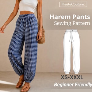 May include: Blue and white checkered harem pants with a drawstring waist. The image also features a white crop top, sandals, and a woven bag. The text on the image reads "Harem Pants Sewing Pattern" and "XS-XXXL Beginner Friendly."