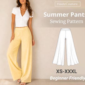 Op de afbeelding: Een vrouw draagt een gele broek met wijde pijpen en een witte top. De afbeelding bevat ook een naaipatroon voor zomerbroeken, met de tekst "Summer Pants Sewing Pattern" en de maatreeks XS-XXXL. Het patroon is gelabeld "Beginner Friendly."