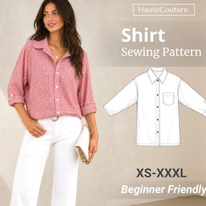 May include: A woman wearing a red and white gingham shirt with white pants. The image also shows a shirt sewing pattern with the text "Shirt Sewing Pattern" and "XS-XXXL Beginner Friendly".
