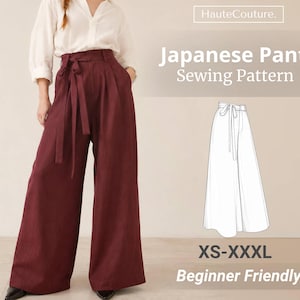 May include: A sewing pattern for wide-leg pants featuring a high waist with a tie belt, shown in a deep burgundy color. The image includes the text HauteCouture, Japanese Pants Sewing Pattern, XS-XXXL, and Beginner Friendly, with a line drawing.