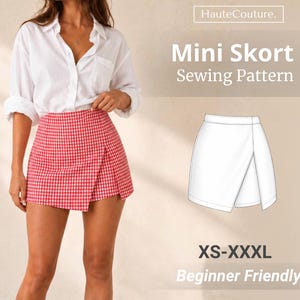 Puede incluir: Minifalda de cuadros rojos y blancos con diseño envolvente. La imagen también presenta una camisa blanca abotonada. El texto de la imagen dice "Mini Skort Sewing Pattern" y "XS-XXXL Beginner Friendly".