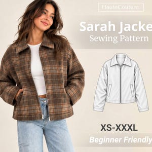 May include: A brown plaid jacket with a collar and front zipper, shown alongside a white technical line drawing of the same jacket. The text reads HauteCouture, Sarah Jacket Sewing Pattern, and XS-XXXL Beginner Friendly.