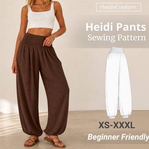 May include: A sewing pattern for Heidi Pants featuring a white line drawing of loose-fitting trousers with a high smocked waistband and cuffed ankles. The text reads HauteCouture, Heidi Pants Sewing Pattern, XS-XXXL, and Beginner Friendly.