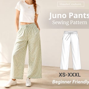May include: A sewing pattern for Juno Pants featuring a white t-shirt and wide-leg pants with a light green and white gingham check pattern, an elastic waistband with a drawstring, and a technical line drawing showing sizes XS-XXXL.