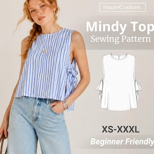 Puede incluir: Una blusa sin mangas con rayas verticales azules y blancas y detalles de lazos laterales, mostrada con pantalones vaqueros azul claro. La imagen incluye un dibujo lineal blanco de la blusa y el texto HauteCouture. Mindy Top Sewing Pattern XS-XXXL.