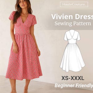 Könnte beinhalten: Ein rot-weiß kariertes Kleid mit kurzen Ärmeln und V-Ausschnitt. Das Bild enthält den Text HauteCouture. Vivien Dress Sewing Pattern XS-XXXL Beginner Friendly und eine schwarz-weiße Strichzeichnung des Kleiderdesigns.